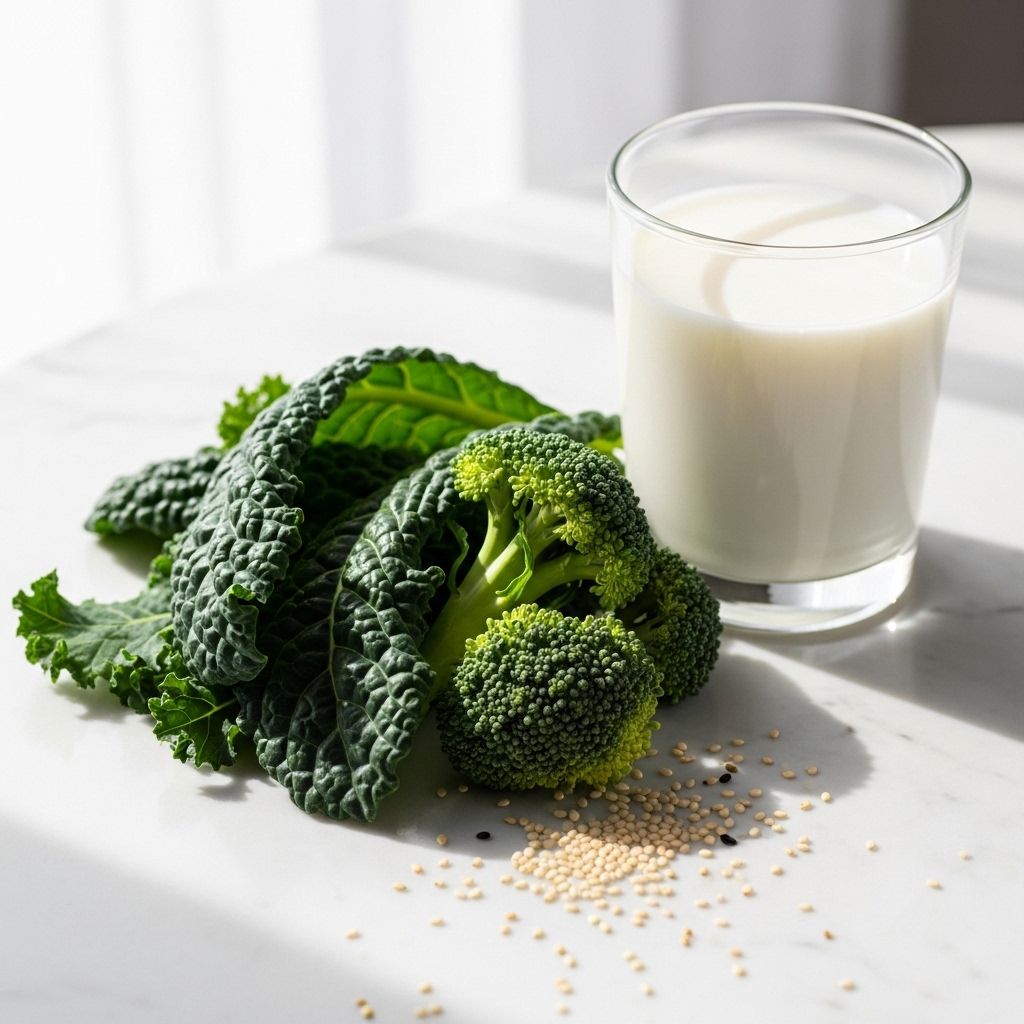 Closeup of a glass of milk, calcium-rich dark green vegetables such as kale and broccoli, and sesame seeds on a clean white marble surface in bright diffused natural light