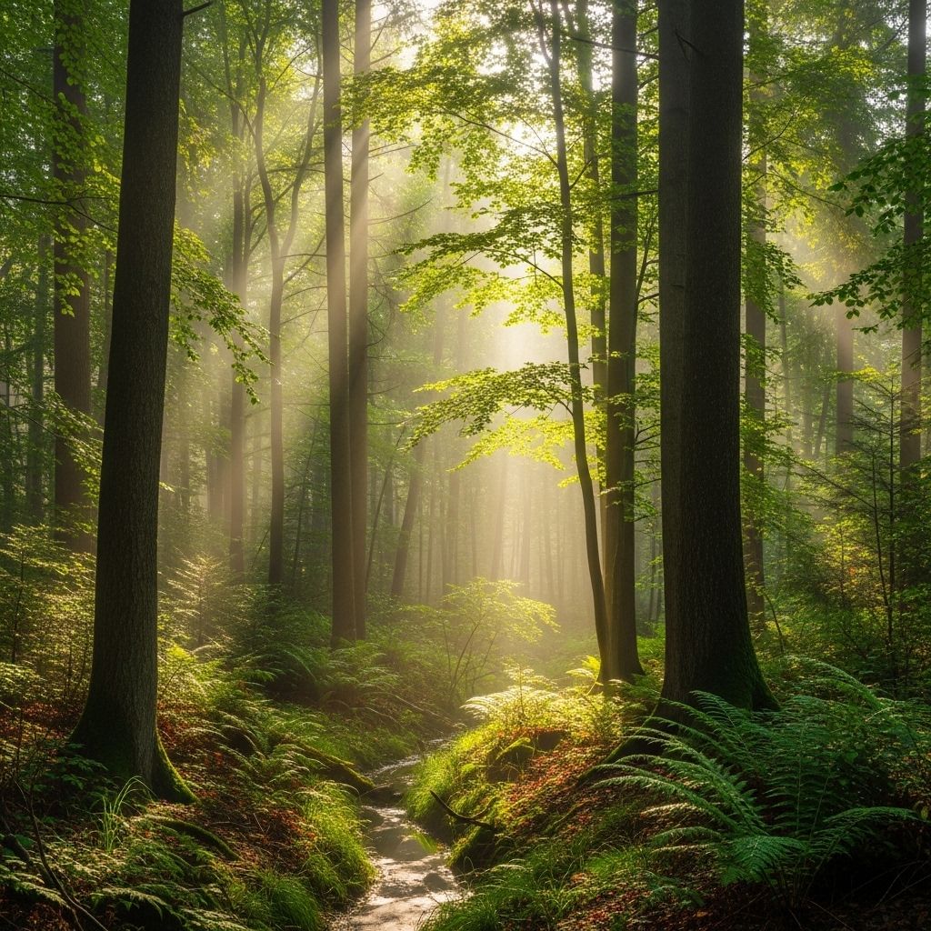 Serene early morning landscape with golden light filtering through tall green trees in a misty forest, conveying a sense of natural vitality and calm energy