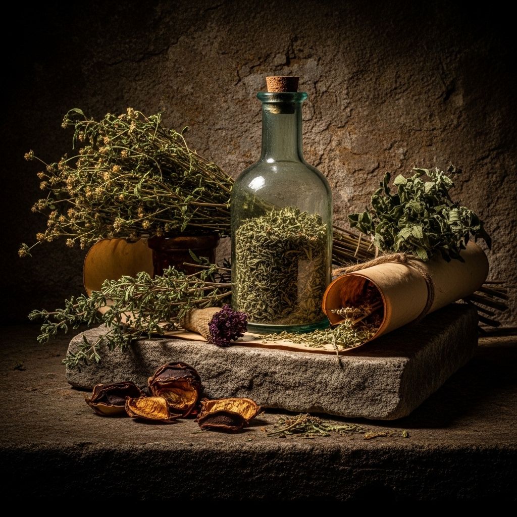 Vintage-style still life with dried herbs, an antique glass bottle, dried botanicals, and aged parchment paper on a stone surface with dramatic chiaroscuro lighting, evoking historical natural food traditions
