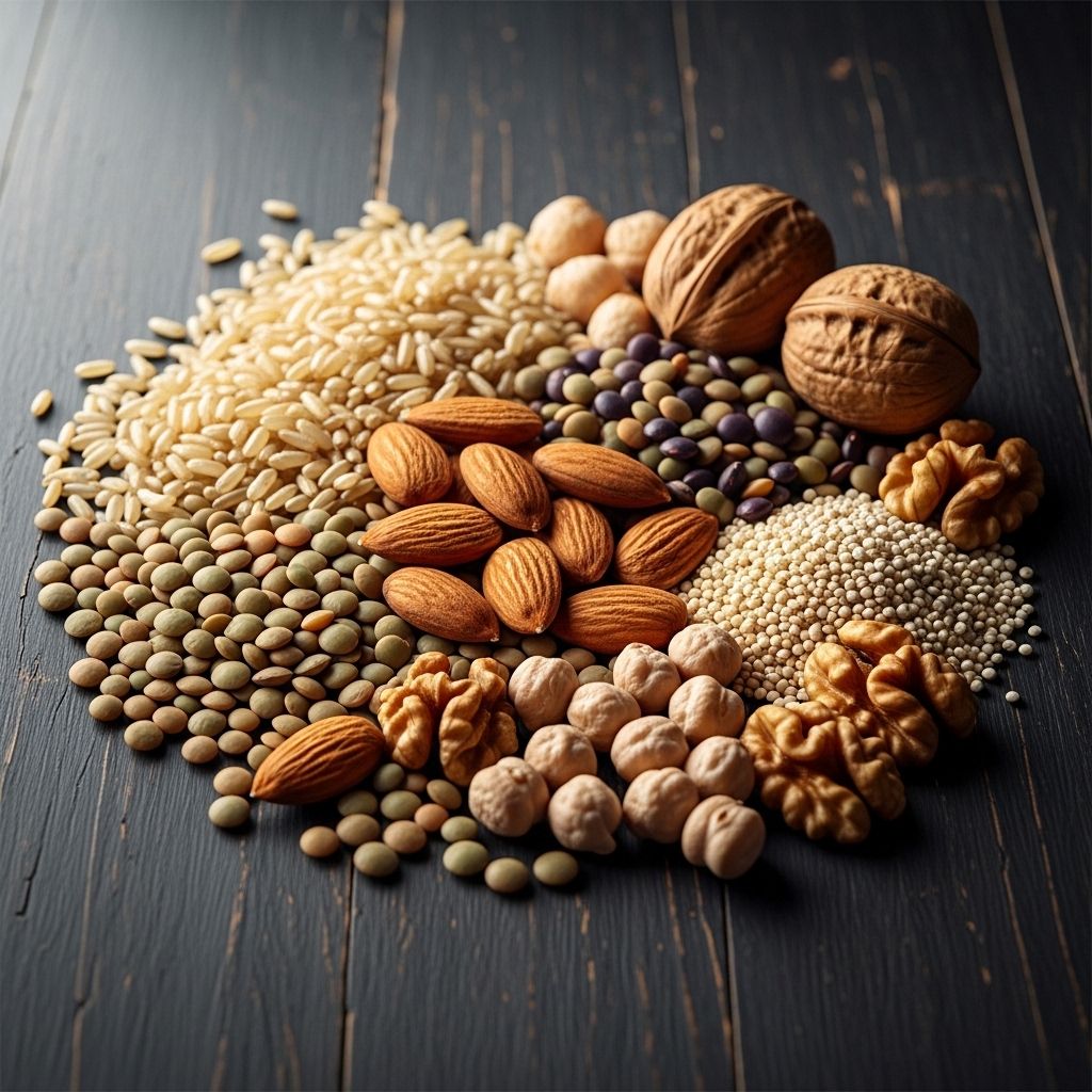 Close-up of a variety of whole grains, legumes, and nuts arranged on a rustic dark surface with natural side lighting showing textures, representing B-vitamin rich foods like brown rice, lentils, and almonds