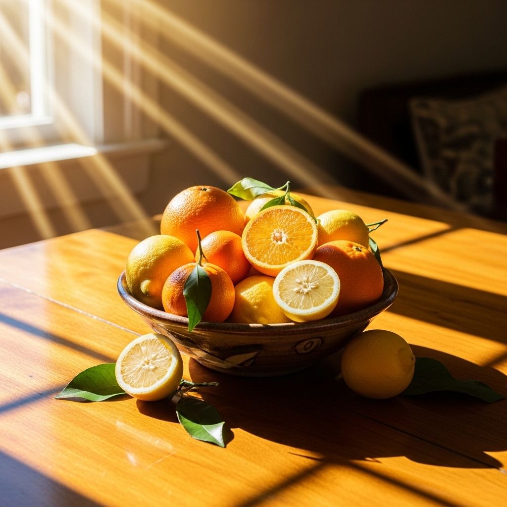 Bright afternoon sunlight streaming through a window onto a wooden table with a bowl of fresh citrus fruits including oranges and lemons, representing natural sources of vitamin D and C